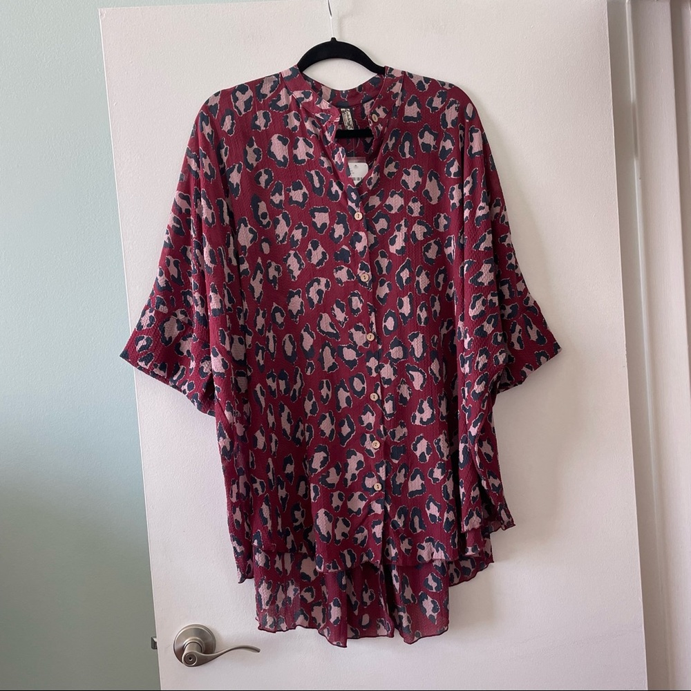 NWT RARE Free People intimately wake up shirt deep red combo / purple leopard